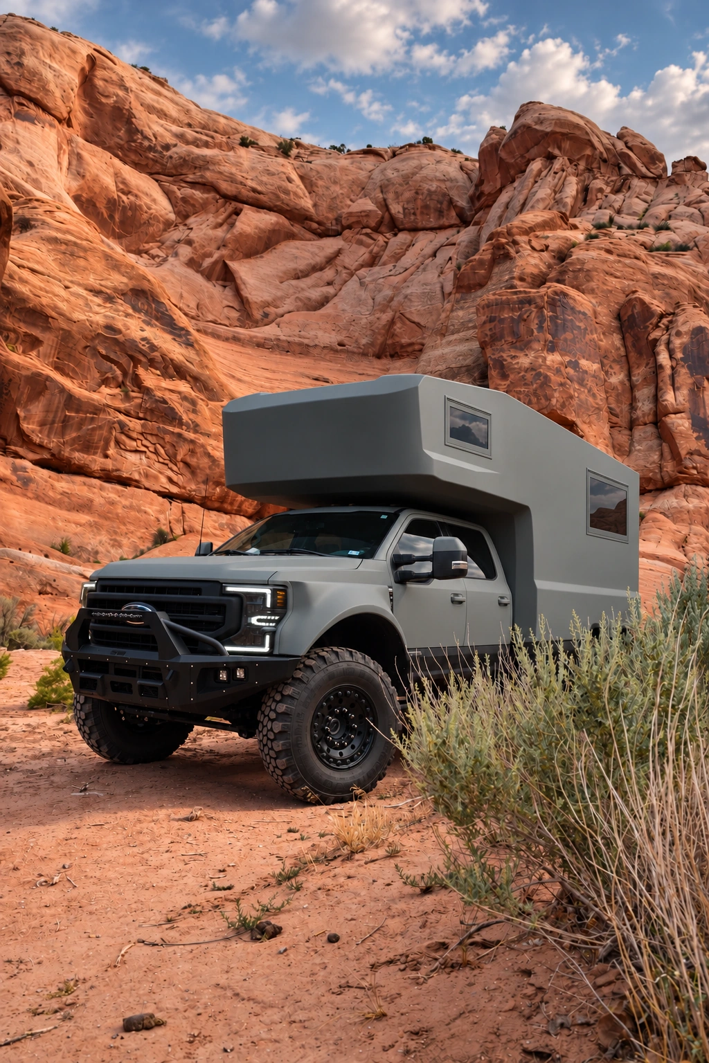 SALT expedition vehicle surrounded by red sandstone canyon walls