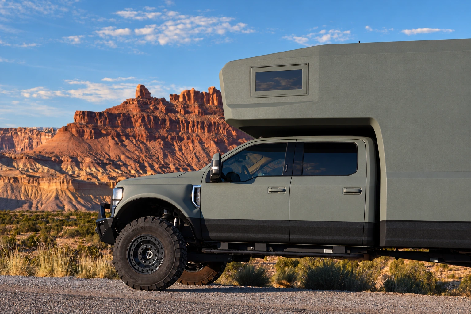Side profile of the prototype beneath desert mesas
