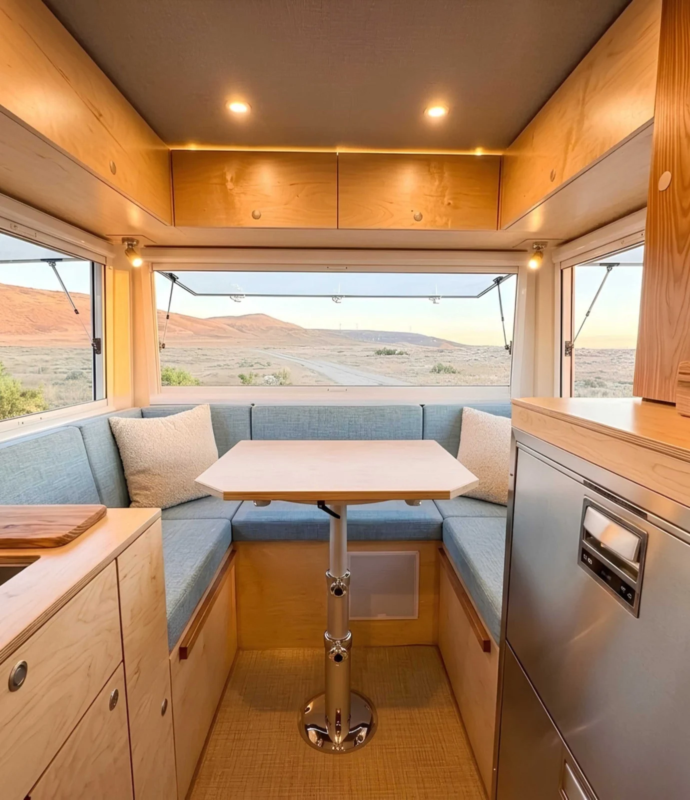 SALT interior concept with warm cabinetry, wraparound windows and an inviting dining area