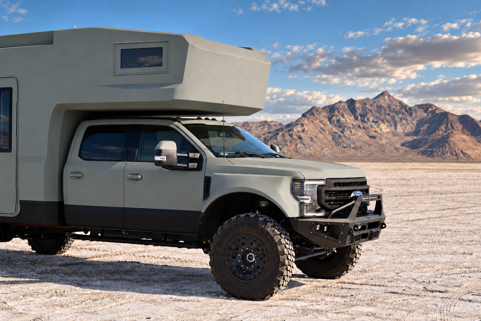 F550 cab, habitat and front bumper on the salt flats